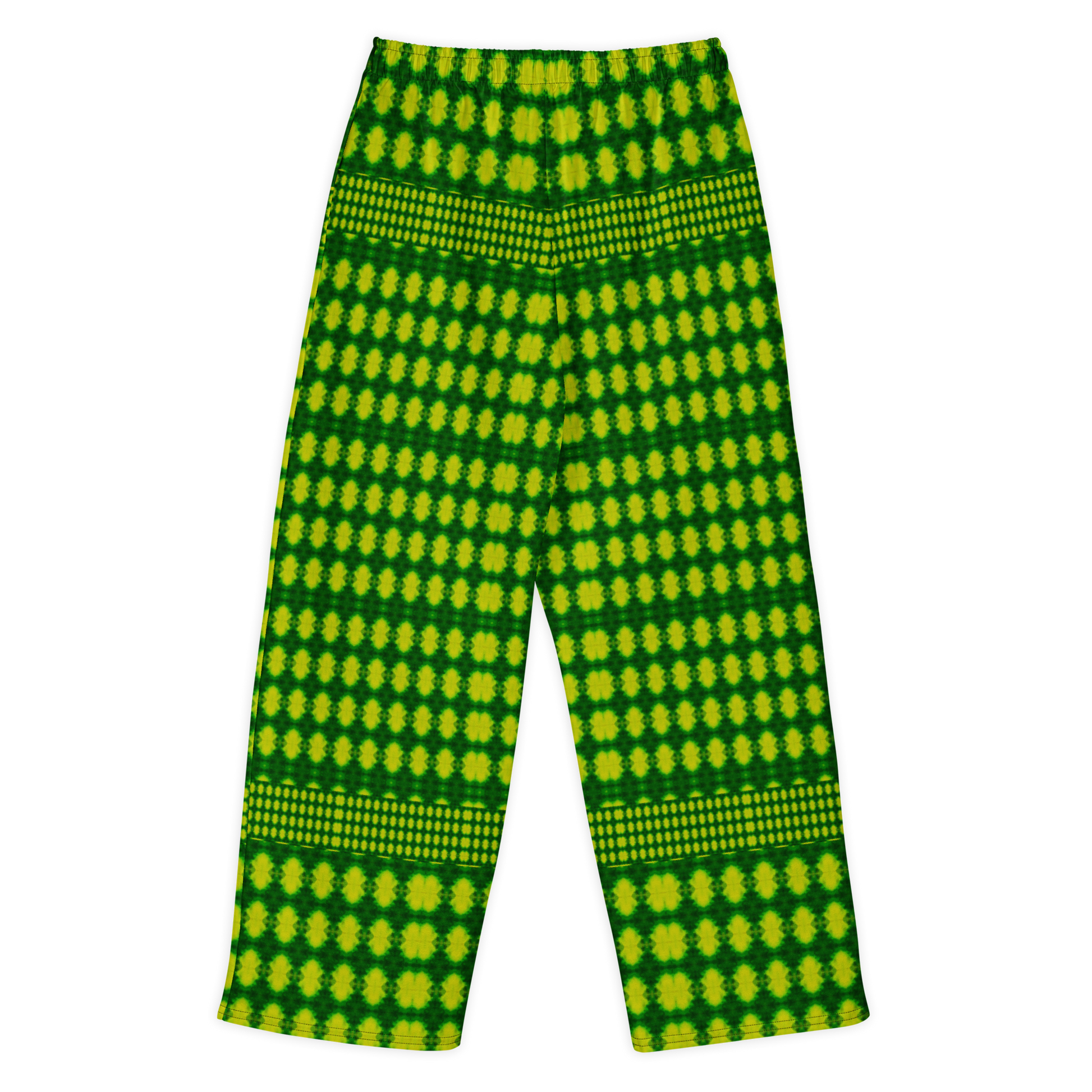 Back view of Purely Jade Light cotton wide leg trousers with elastic waistband and bright lime-green jade print with dotted yellow medallion grid by River Jade Smithy.