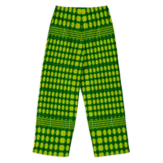Back view of Purely Jade Light cotton wide leg trousers with elastic waistband and bright lime-green jade print with dotted yellow medallion grid by River Jade Smithy.