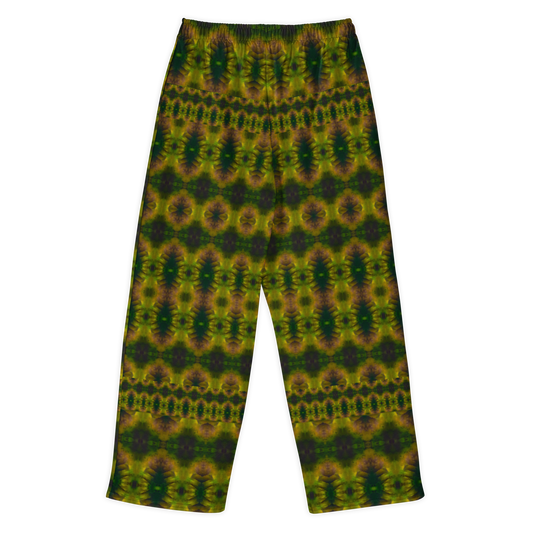 Back view of Purely Jade Light cotton wide leg trousers with elastic waistband and deep green and gold jade print with plum-shadow medallion rows by River Jade Smithy.