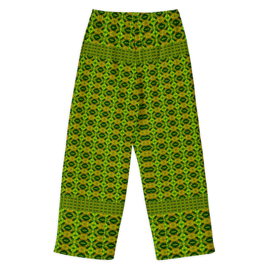 Back view of Purely Jade Light cotton wide leg trousers with elastic waistband and green-and-gold small diamond lattice jade print by River Jade Smithy.