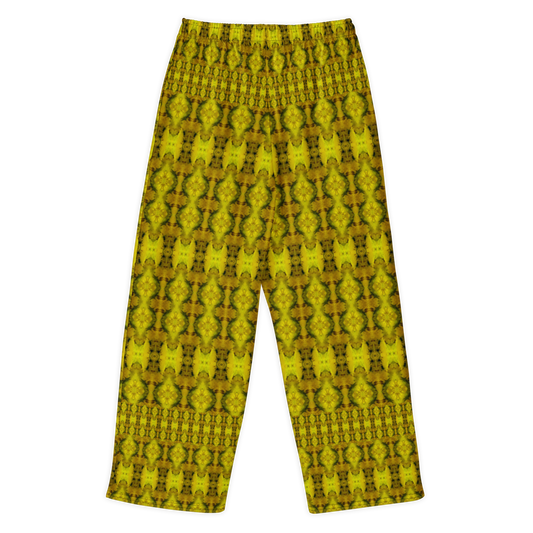 Back view of Purely Jade Light cotton wide leg trousers with elastic waistband and gold-forward jade print with dense mirrored medallion bands by River Jade Smithy.