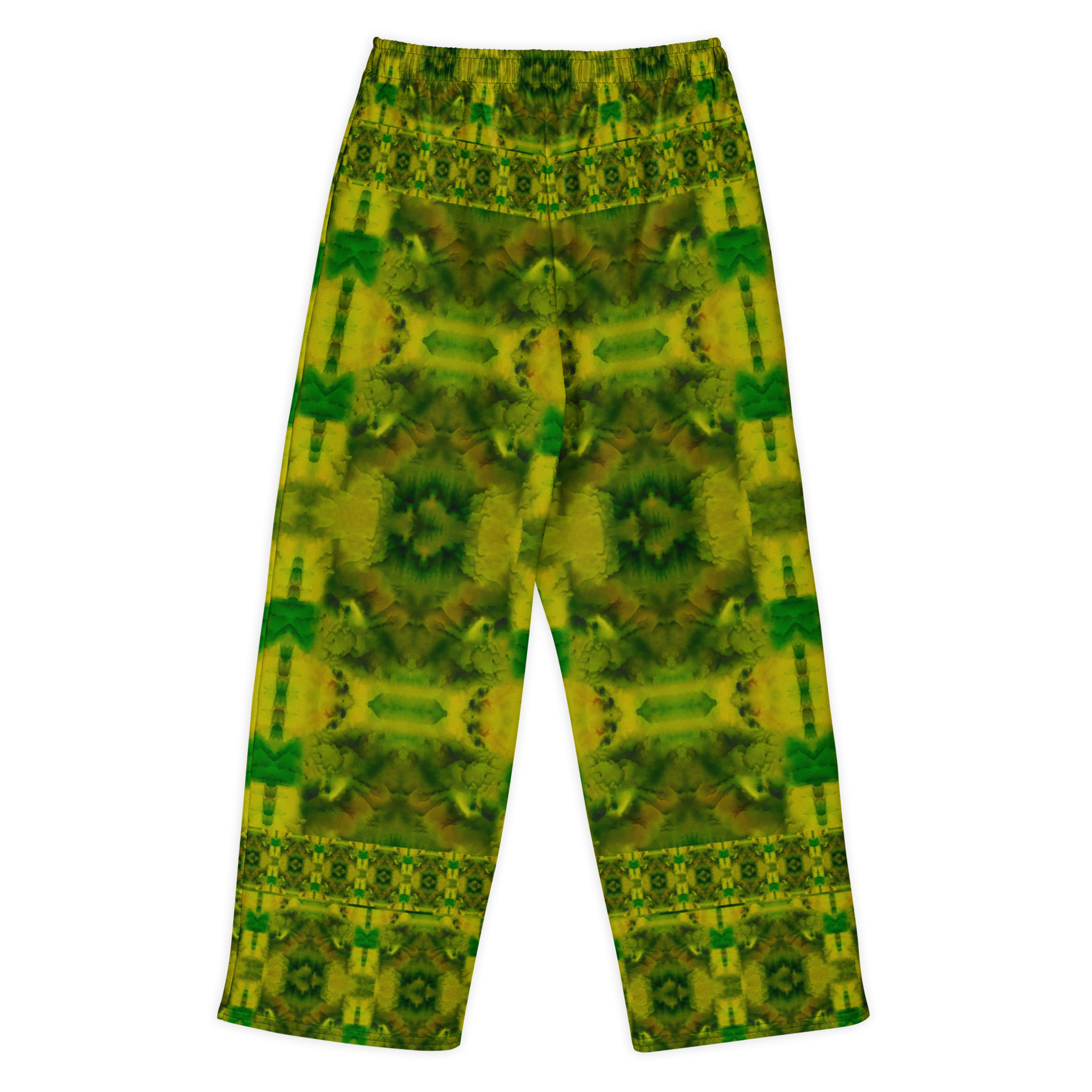 Back view of Purely Jade Light cotton wide leg trousers with elastic waistband and green-and-gold mirrored jade field with broad soft medallions by River Jade Smithy.