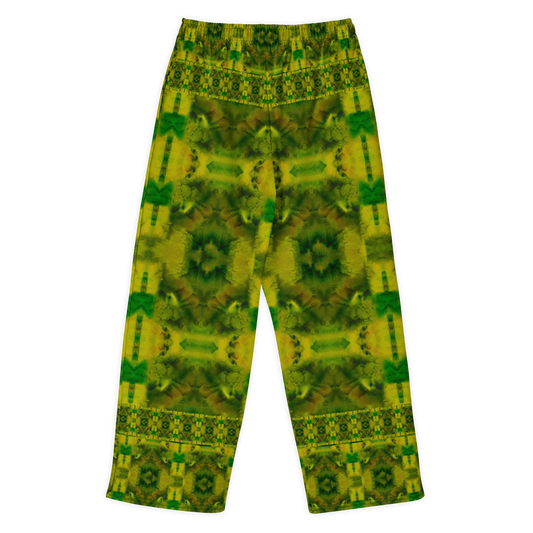 Back view of Purely Jade Light cotton wide leg trousers with elastic waistband and green-and-gold mirrored jade field with broad soft medallions by River Jade Smithy.