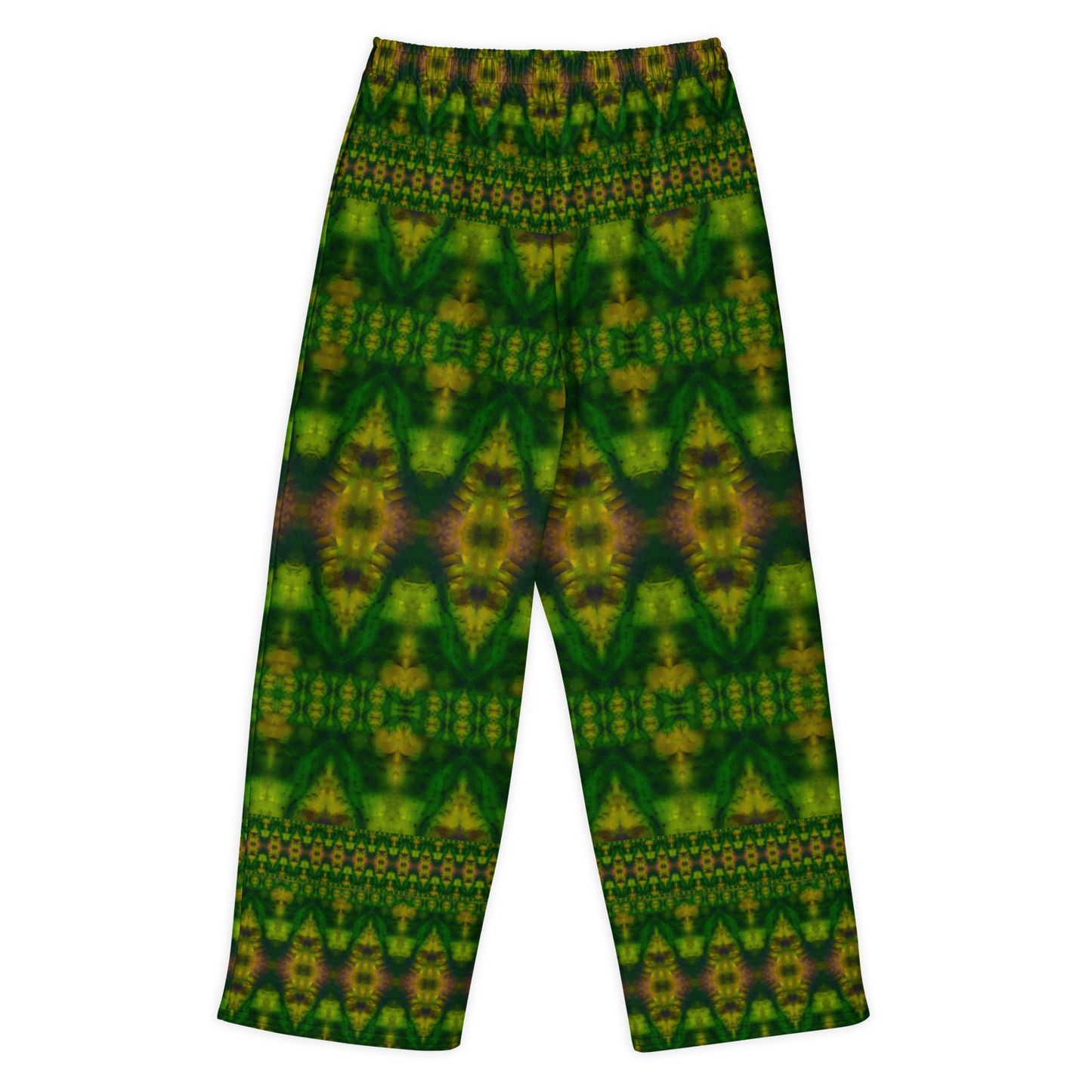 Back view of Purely Jade Light cotton wide leg trousers with elastic waistband and deep jade print with large diamond medallions and small patterned bands by River Jade Smithy.