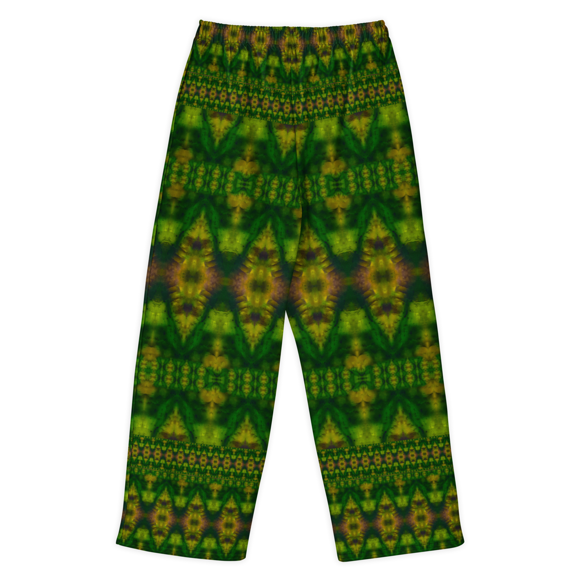 Back view of Purely Jade Light cotton wide leg trousers with elastic waistband and deep jade print with large diamond medallions and small patterned bands by River Jade Smithy.