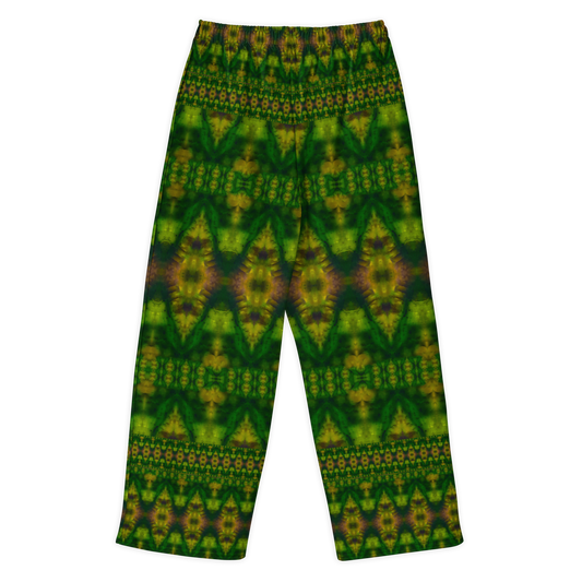 Back view of Purely Jade Light cotton wide leg trousers with elastic waistband and deep jade print with large diamond medallions and small patterned bands by River Jade Smithy.