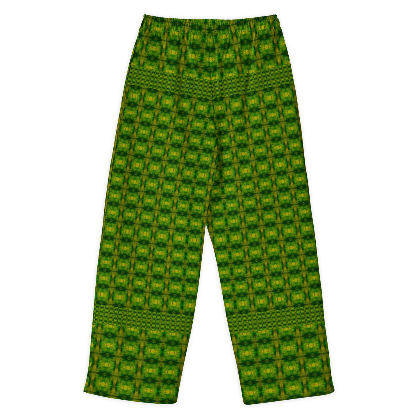Back view of Purely Jade Light cotton wide leg trousers with elastic waistband and green jade grid print with small gold chamber squares by River Jade Smithy.