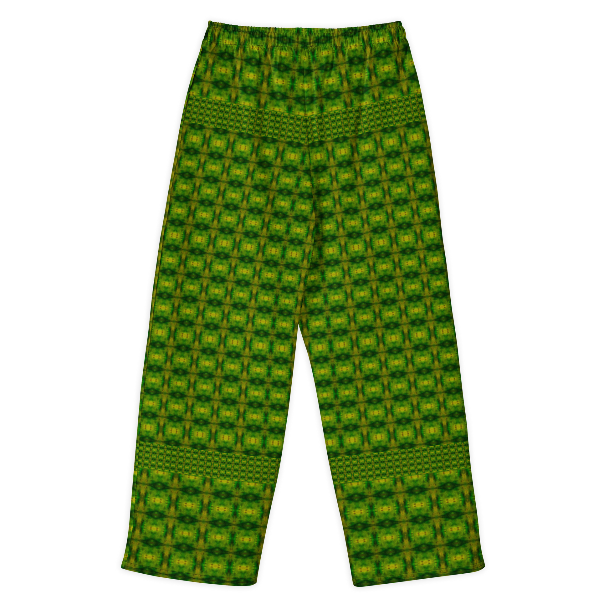 Back view of Purely Jade Light cotton wide leg trousers with elastic waistband and green jade grid print with small gold chamber squares by River Jade Smithy.