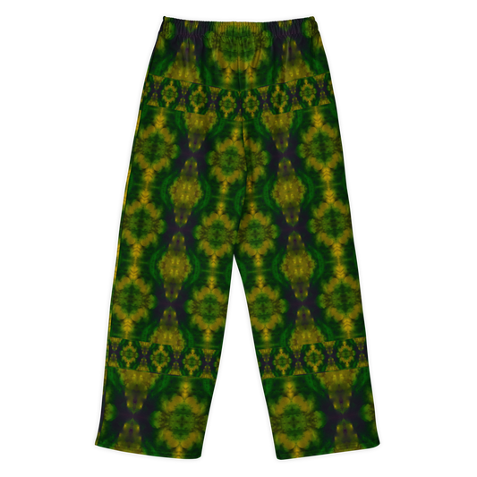 Back view of Purely Jade Light cotton wide leg trousers with elastic waistband and dark green jade print with gold medallions and plum-shadow accents by River Jade Smithy.