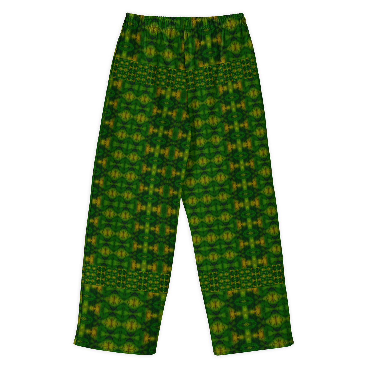 Back view of Purely Jade Light cotton wide leg trousers with elastic waistband and deep green jade field with gold medallions and narrow patterned bands by River Jade Smithy.