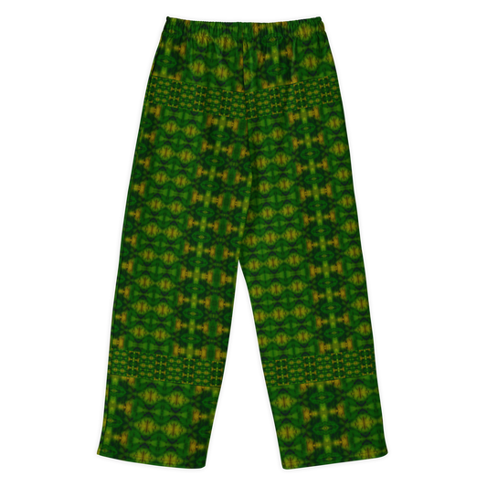 Back view of Purely Jade Light cotton wide leg trousers with elastic waistband and deep green jade field with gold medallions and narrow patterned bands by River Jade Smithy.