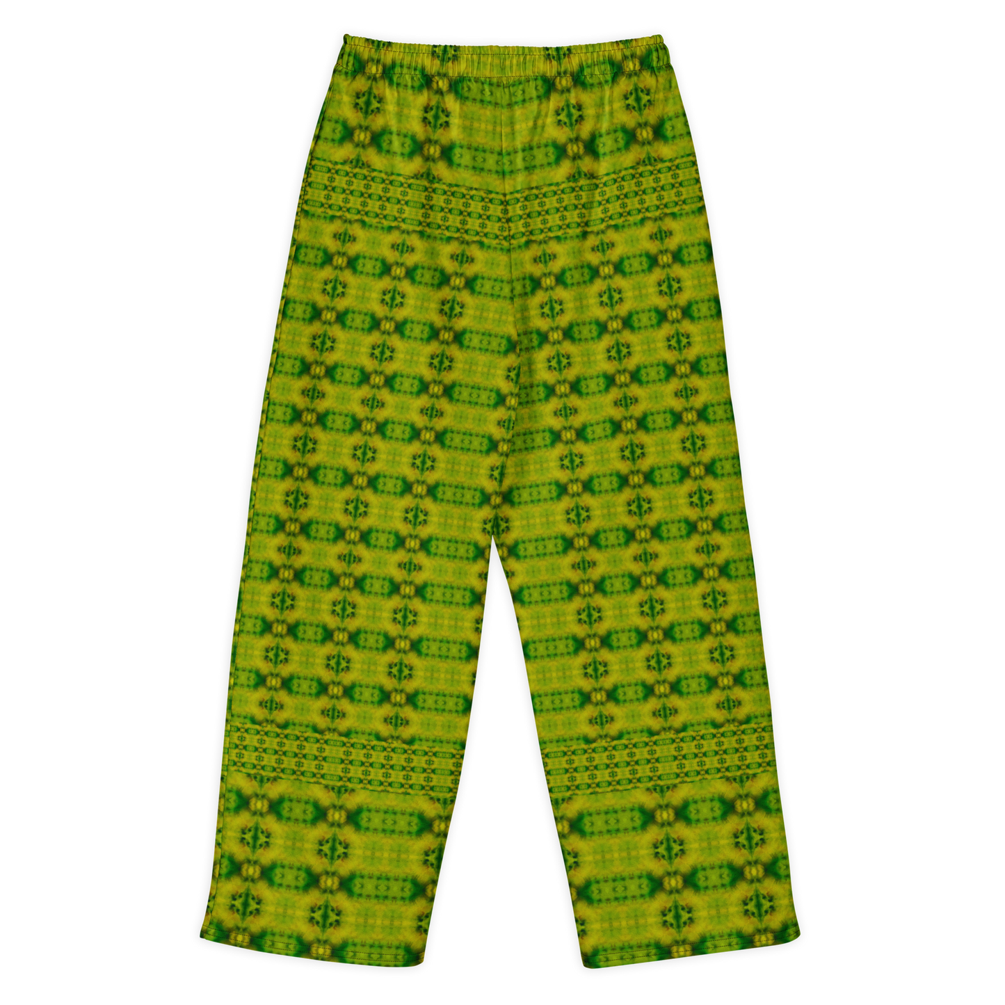 Back view of Purely Jade Light cotton wide leg trousers with elastic waistband and yellow-green jade print with small vertical medallion rows by River Jade Smithy.