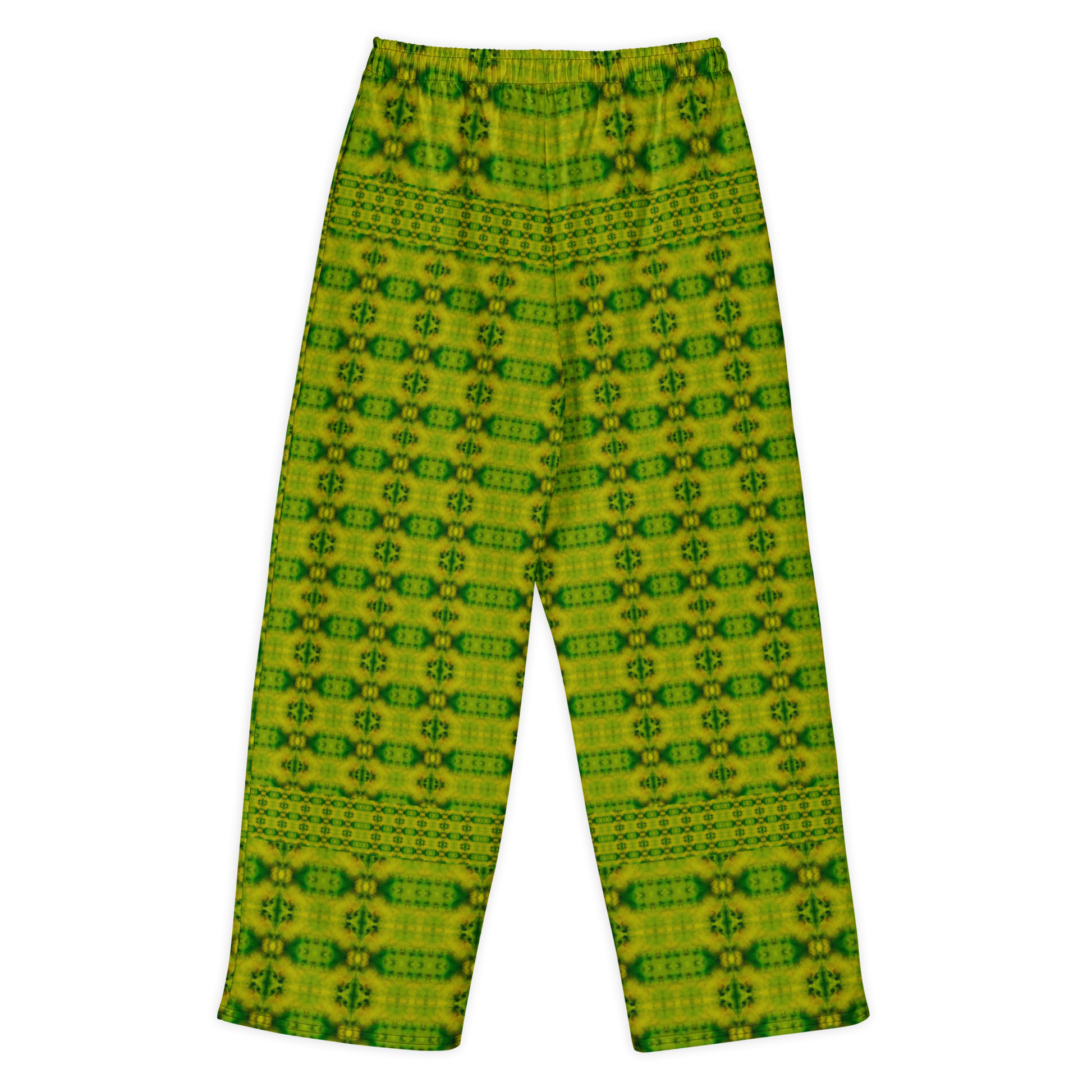 Back view of Purely Jade Light cotton wide leg trousers with elastic waistband and yellow-green jade print with small vertical medallion rows by River Jade Smithy.