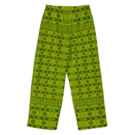 Back view of Purely Jade Light cotton wide leg trousers with elastic waistband and yellow-green jade print with small vertical medallion rows by River Jade Smithy.