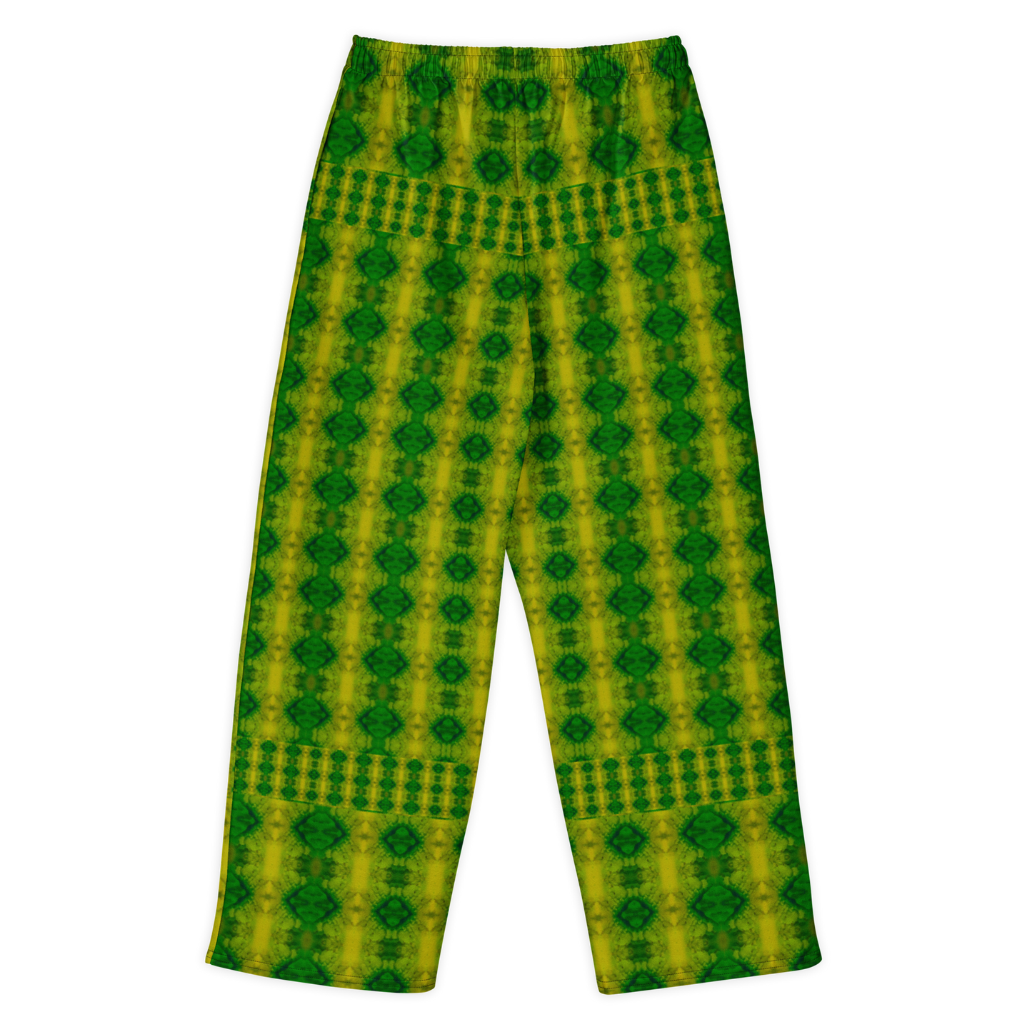Back view of Purely Jade Light cotton wide leg trousers with elastic waistband and yellow-green jade print with vertical green diamond medallions by River Jade Smithy.