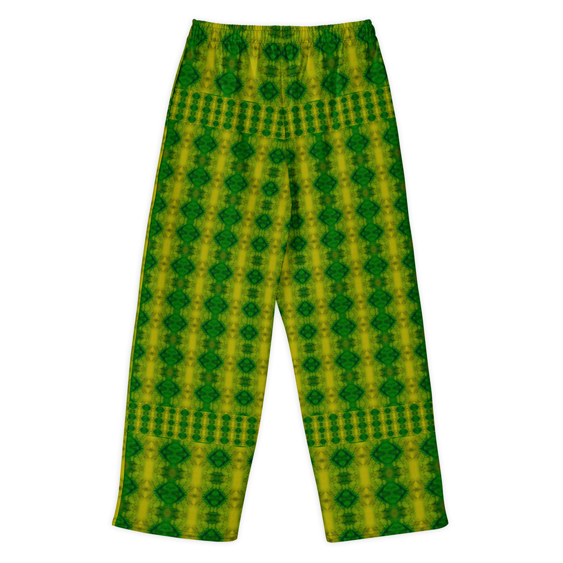 Back view of Purely Jade Light cotton wide leg trousers with elastic waistband and yellow-green jade print with vertical green diamond medallions by River Jade Smithy.