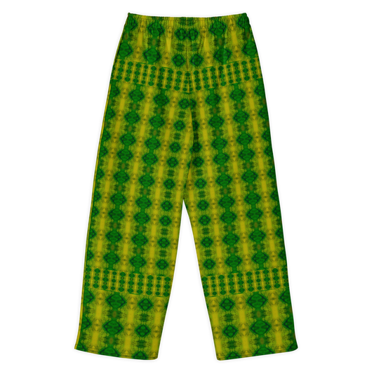 Back view of Purely Jade Light cotton wide leg trousers with elastic waistband and yellow-green jade print with vertical green diamond medallions by River Jade Smithy.