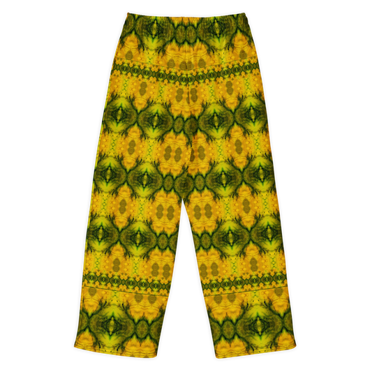 Back view of Purely Jade Light cotton wide leg trousers with elastic waistband and gold-and-green mirrored jade print with large faceted medallions by River Jade Smithy.