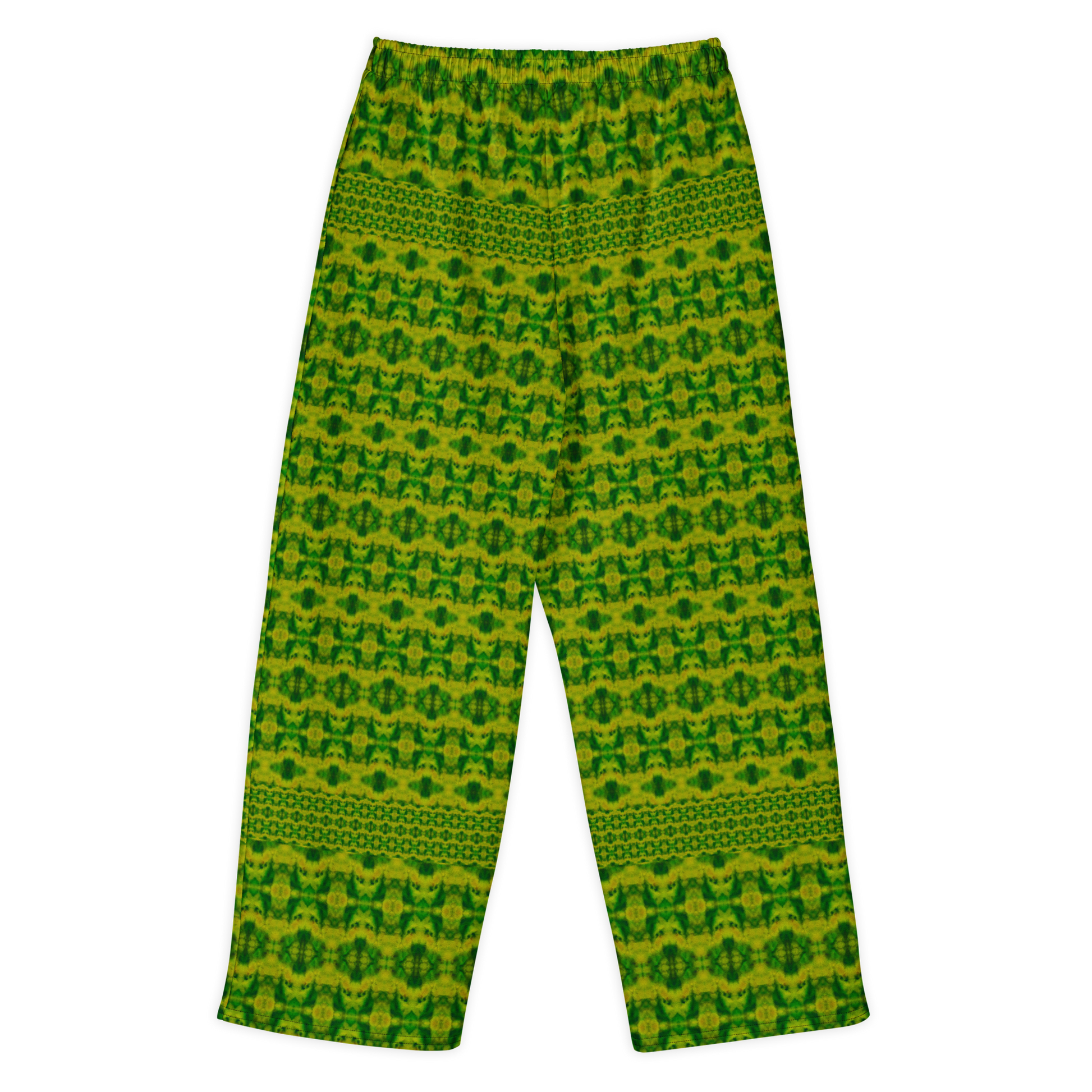 Back view of Purely Jade Light cotton wide leg trousers with elastic waistband and green-and-gold fine lattice jade print with narrow bands by River Jade Smithy.