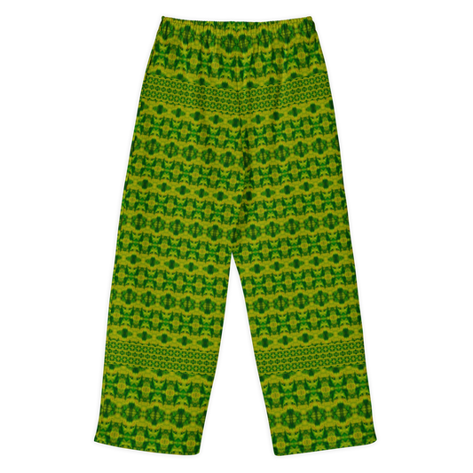 Back view of Purely Jade Light cotton wide leg trousers with elastic waistband and green-and-gold fine lattice jade print with narrow bands by River Jade Smithy.