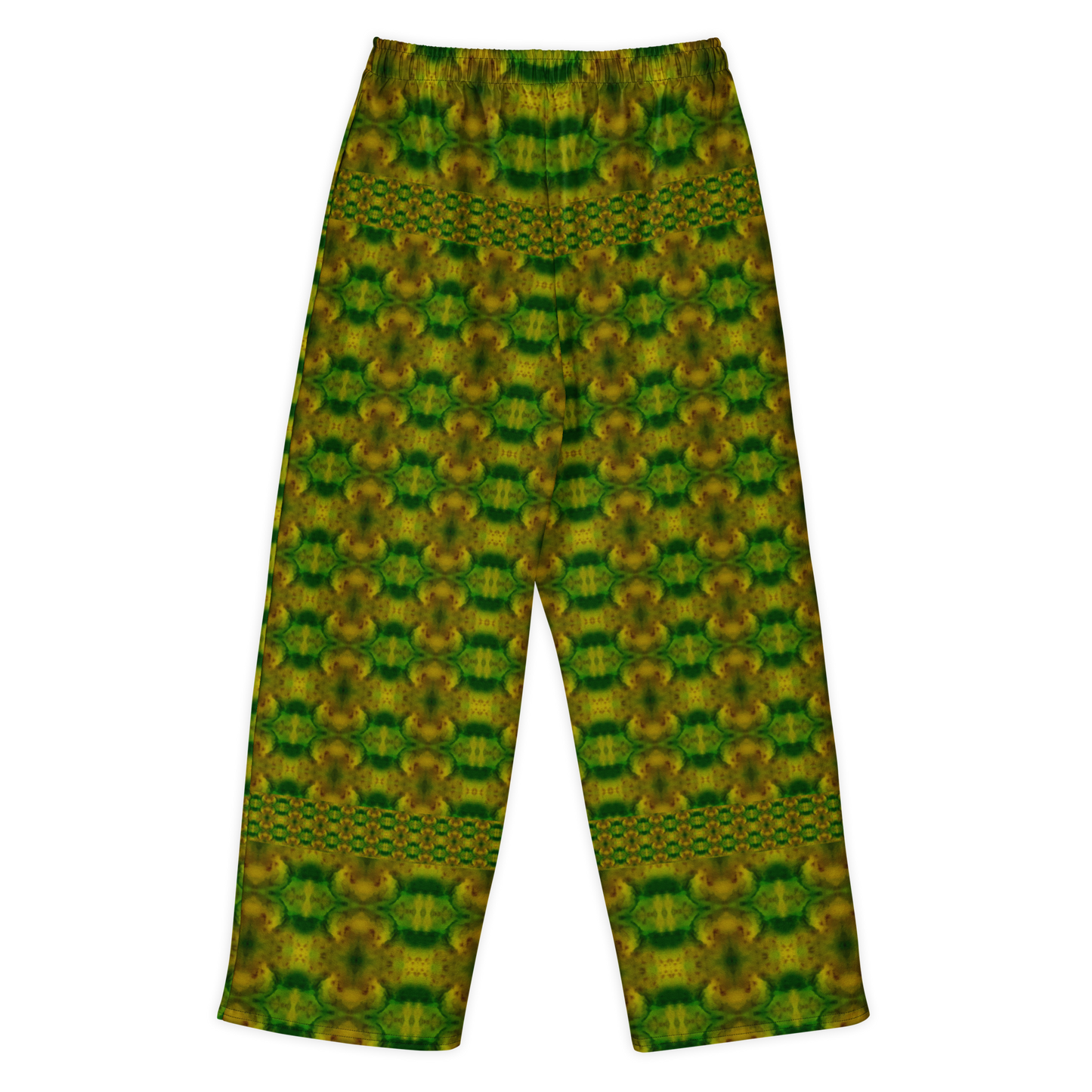 Back view of Purely Jade Light cotton wide leg trousers with elastic waistband and green-and-gold chambered jade medallion print with dotted horizontal bands by River Jade Smithy.