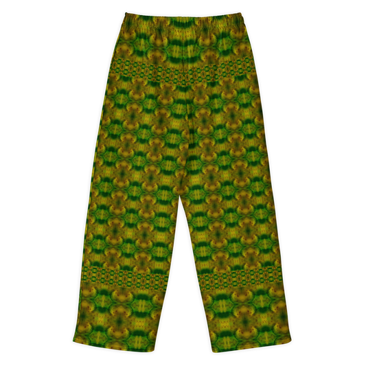 Back view of Purely Jade Light cotton wide leg trousers with elastic waistband and green-and-gold chambered jade medallion print with dotted horizontal bands by River Jade Smithy.