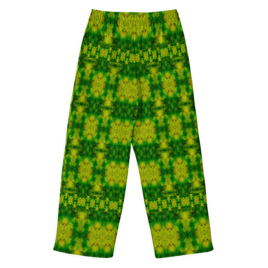 Back view of Purely Jade Light cotton wide leg trousers with elastic waistband and bright yellow-green chambered jade print with soft oval medallions by River Jade Smithy.