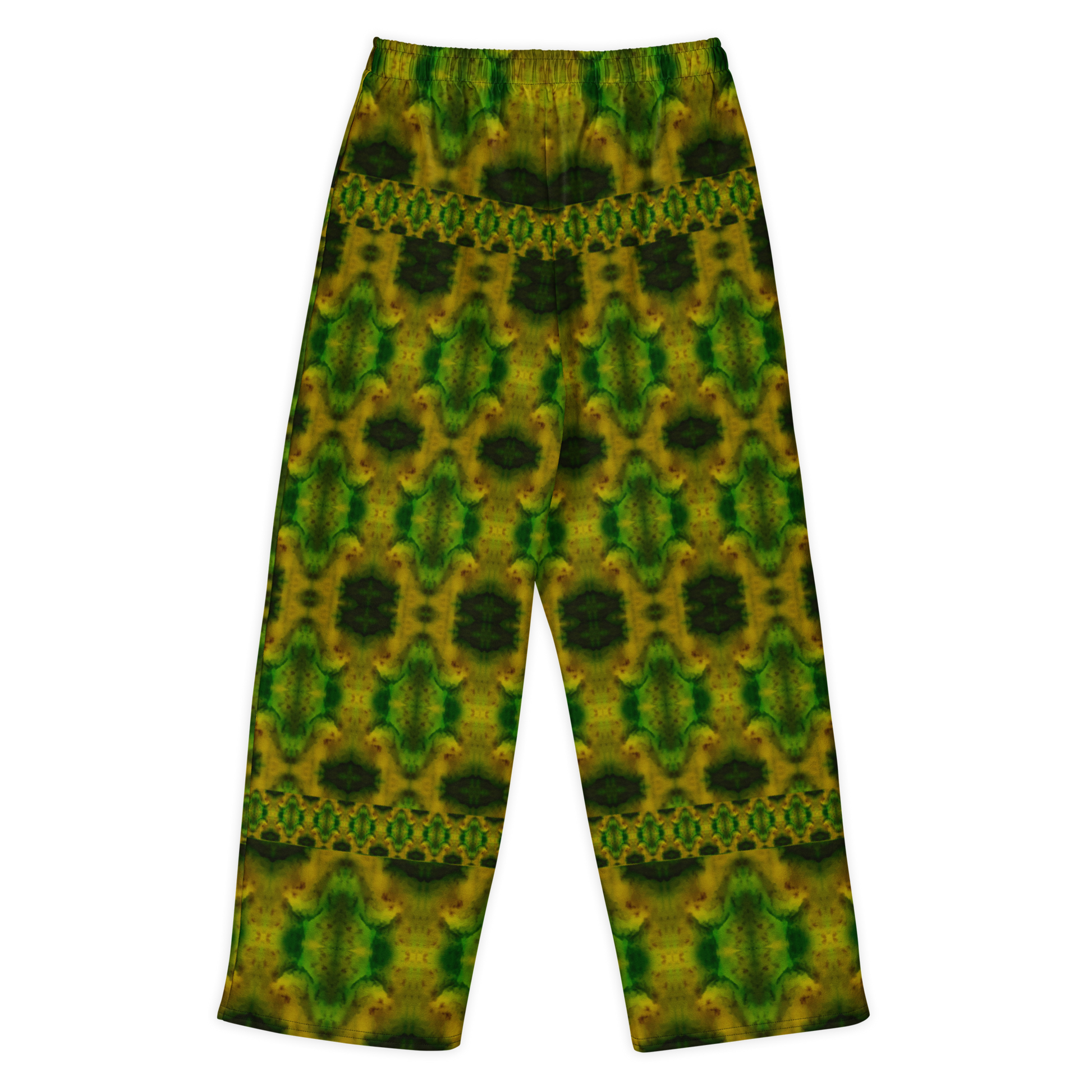 Back view of Purely Jade Light cotton wide leg trousers with elastic waistband and deep green-and-gold jade print with dark oval medallions and horizontal border bands by River Jade Smithy.