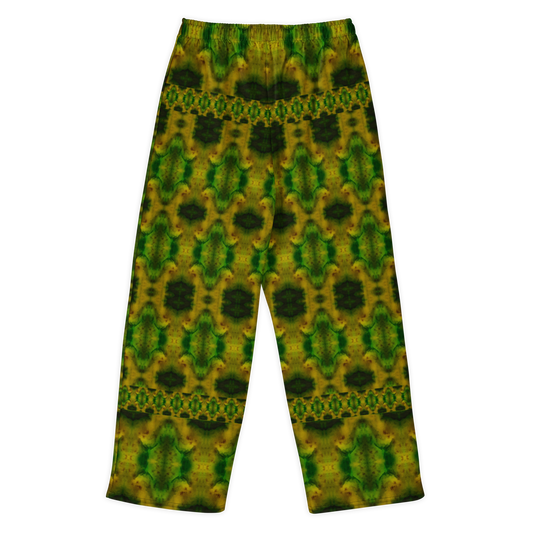 Back view of Purely Jade Light cotton wide leg trousers with elastic waistband and deep green-and-gold jade print with dark oval medallions and horizontal border bands by River Jade Smithy.