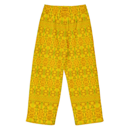 Back view of Purely Jade Light cotton wide leg trousers with elastic waistband and gold-forward jade-light print with subtle green vertical mineral lattice by River Jade Smithy.