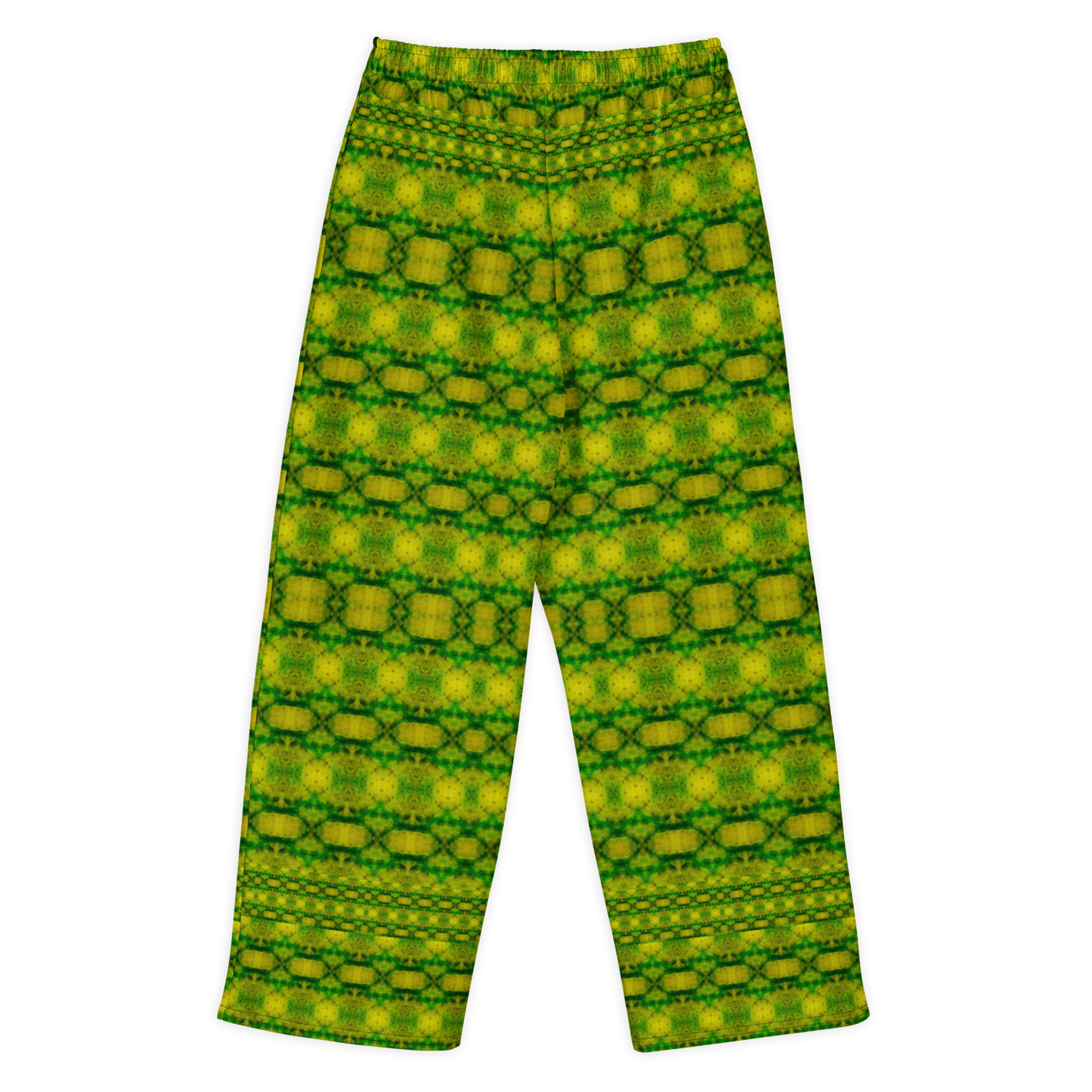 Back view of Purely Jade Light cotton wide leg trousers with elastic waistband and green-and-gold jade lattice print with chain-like horizontal bands by River Jade Smithy.