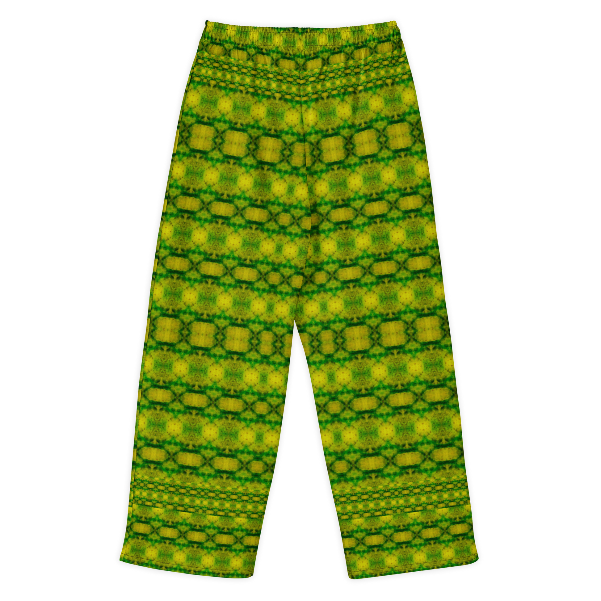 Back view of Purely Jade Light cotton wide leg trousers with elastic waistband and green-and-gold jade lattice print with chain-like horizontal bands by River Jade Smithy.