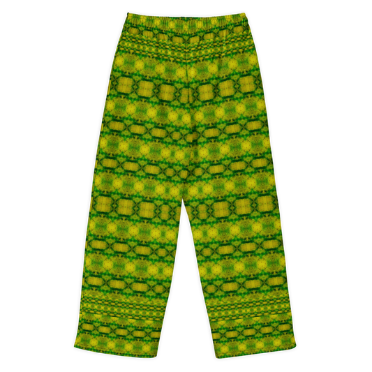 Back view of Purely Jade Light cotton wide leg trousers with elastic waistband and green-and-gold jade lattice print with chain-like horizontal bands by River Jade Smithy.