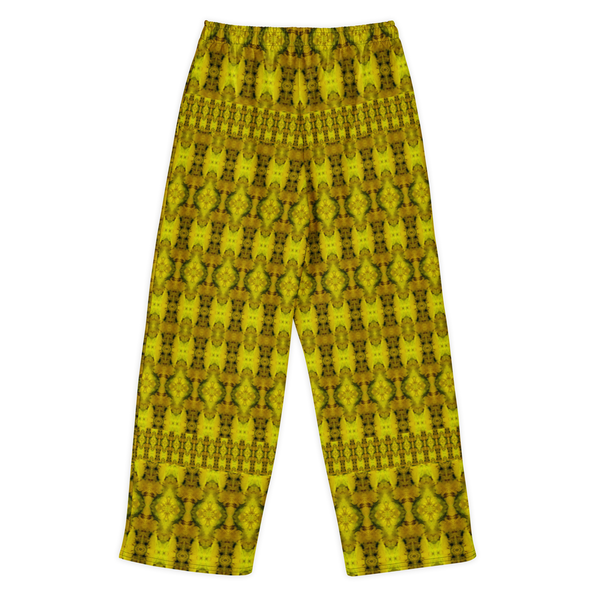 Back view of Purely Jade Light cotton wide leg trousers with elastic waistband and yellow-gold jade print with dense mirrored medallion columns by River Jade Smithy.