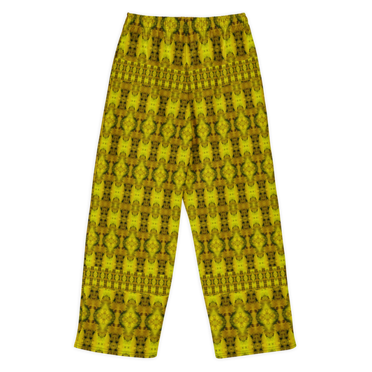Back view of Purely Jade Light cotton wide leg trousers with elastic waistband and yellow-gold jade print with dense mirrored medallion columns by River Jade Smithy.