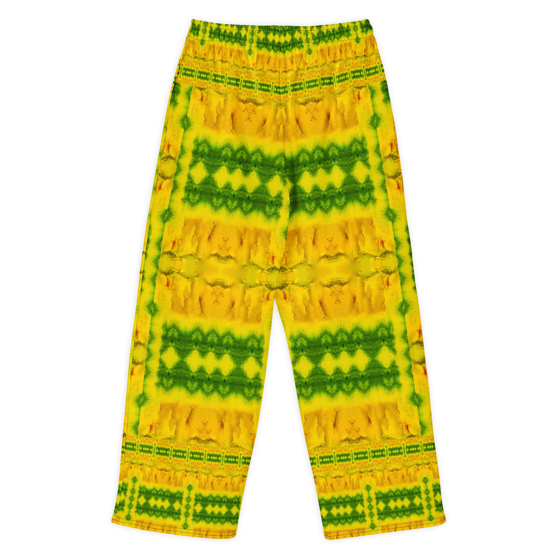Back view of Purely Jade Light cotton wide leg trousers with elastic waistband and bright gold jade print with bold green horizontal panels by River Jade Smithy.