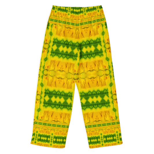 Back view of Purely Jade Light cotton wide leg trousers with elastic waistband and bright gold jade print with bold green horizontal panels by River Jade Smithy.