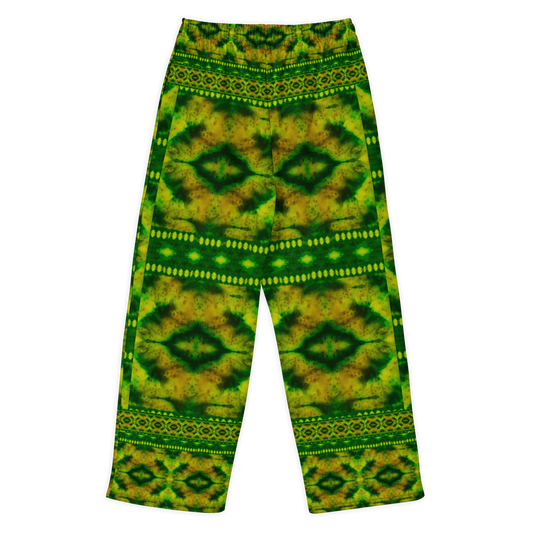 Back view of Purely Jade Light cotton wide leg trousers with elastic waistband and deep jade-green print with dark diamond medallions and dotted bands by River Jade Smithy.