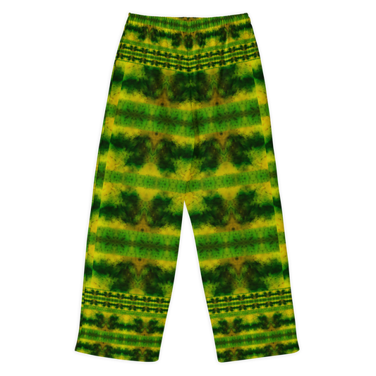 Back view of Purely Jade Light cotton wide leg trousers with elastic waistband and green-and-gold mossy horizontal jade bands by River Jade Smithy.