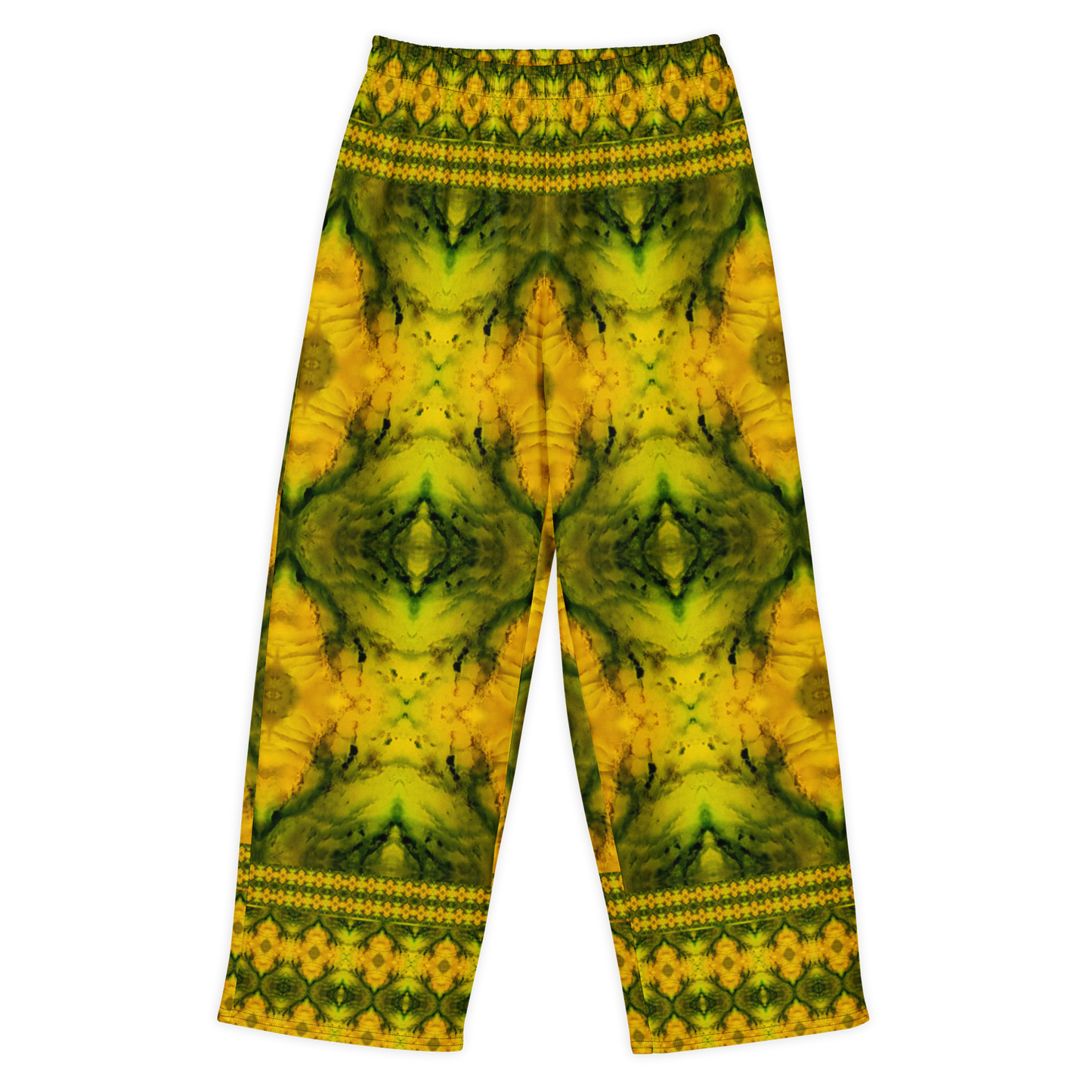 Front view of Purely Jade Light cotton wide leg trousers with elastic waistband and gold-and-green jade print with large diamond medallions and patterned bands by River Jade Smithy.