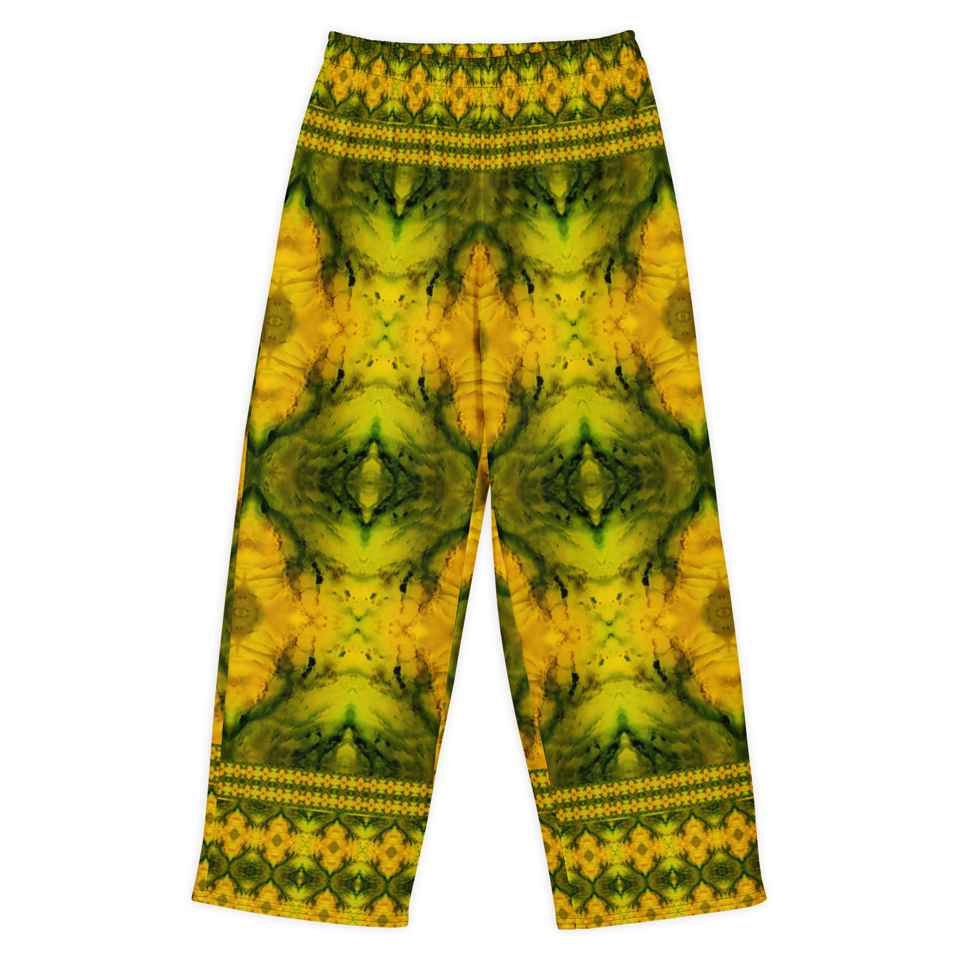 Front view of Purely Jade Light cotton wide leg trousers with elastic waistband and gold-and-green jade print with large diamond medallions and patterned bands by River Jade Smithy.