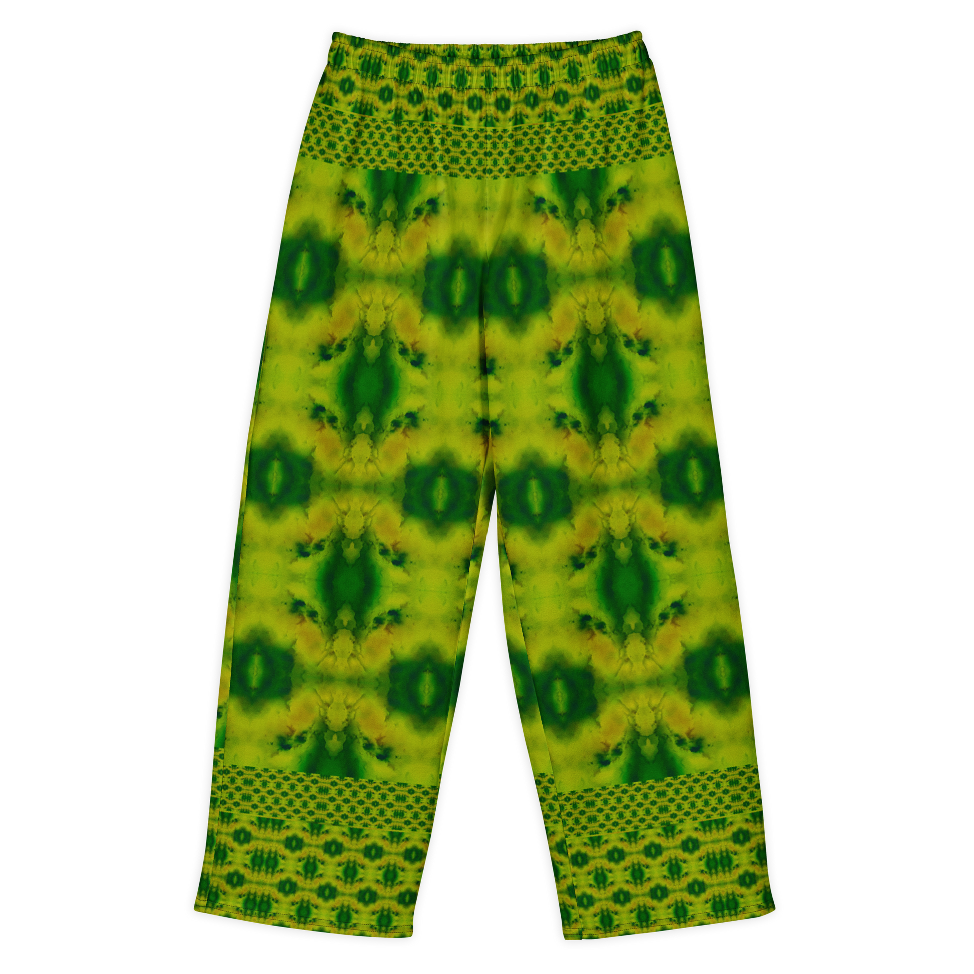 Front view of Purely Jade Light cotton wide leg trousers with elastic waistband and yellow-green jade print with large dark green oval medallions by River Jade Smithy.