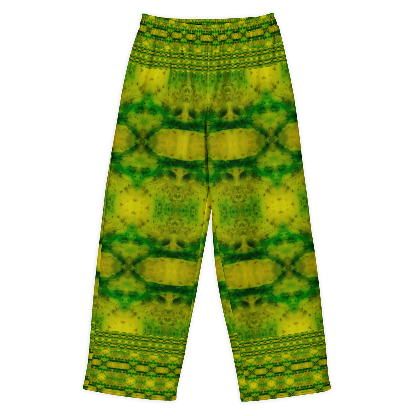 Front view of Purely Jade Light cotton wide leg trousers with elastic waistband and green-and-gold mirrored jade print with horizontal chamber bands by River Jade Smithy.
