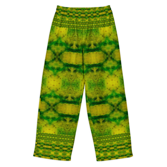 Front view of Purely Jade Light cotton wide leg trousers with elastic waistband and green-and-gold mirrored jade print with horizontal chamber bands by River Jade Smithy.