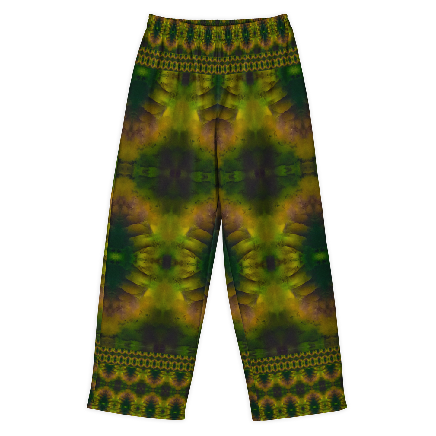 Front view of Purely Jade Light cotton wide leg trousers with elastic waistband and deep green-and-gold jade print with plum-shadowed large medallions by River Jade Smithy.