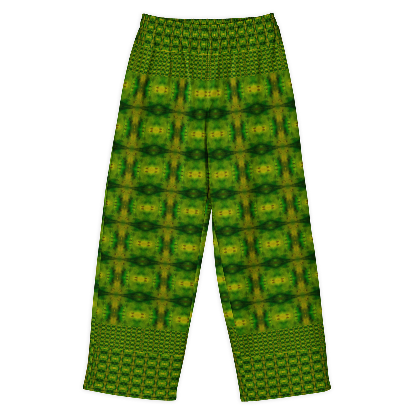 Front view of Purely Jade Light cotton wide leg trousers with elastic waistband and green jade print with small grid-like medallions and border bands by River Jade Smithy.
