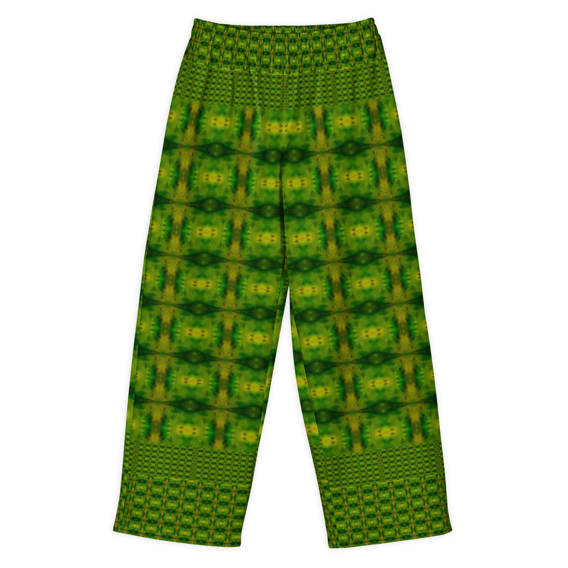 Front view of Purely Jade Light cotton wide leg trousers with elastic waistband and green jade print with small grid-like medallions and border bands by River Jade Smithy.