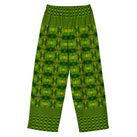 Front view of Purely Jade Light cotton wide leg trousers with elastic waistband and green jade print with small grid-like medallions and border bands by River Jade Smithy.