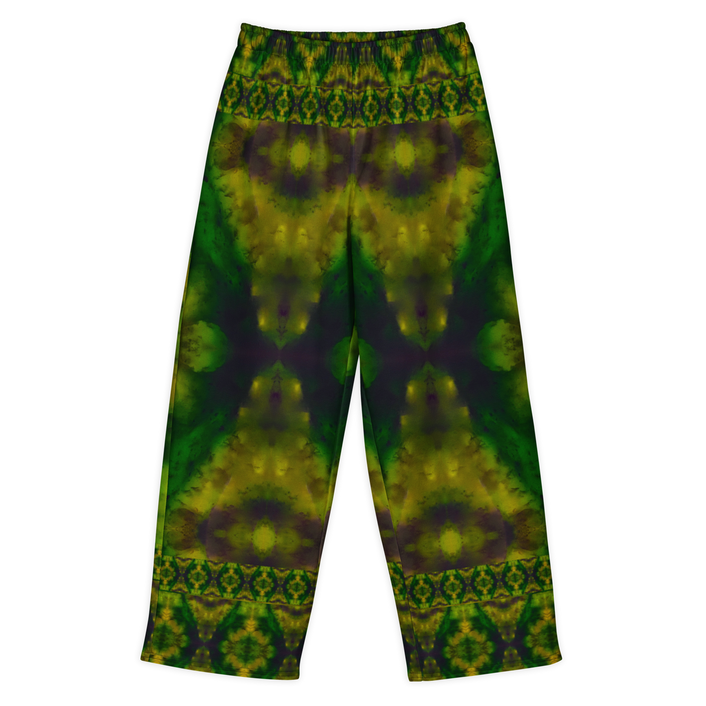 Front view of Purely Jade Light cotton wide leg trousers with elastic waistband and deep green jade print with plum-shadowed central mineral shapes by River Jade Smithy.