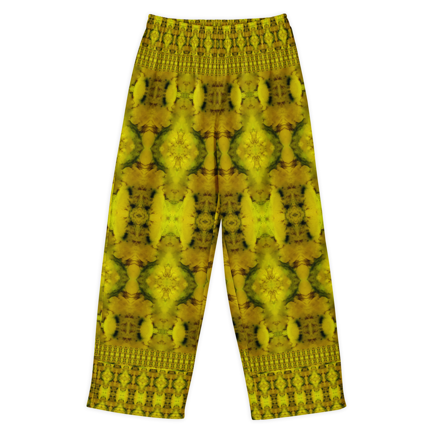 Front view of Purely Jade Light cotton wide leg trousers with elastic waistband and gold jade print with symmetrical mineral medallions by River Jade Smithy.